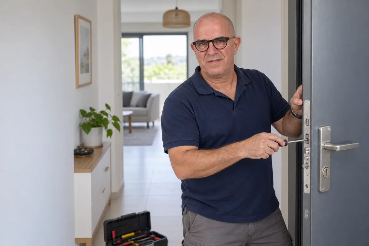 מנעולן בודק מנגנון בדלת כניסה
